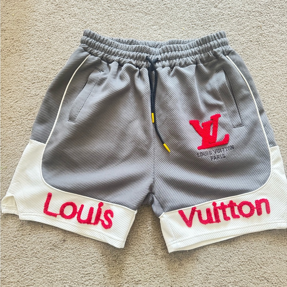 Louis Vuitton Gray and White Logo Shorts with Red Accents